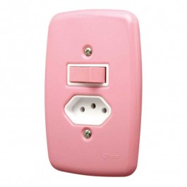 Interruptor 1 Tecla  Simples e Tomada 20A 2x4 com Placa Modular Rosa Pluzie